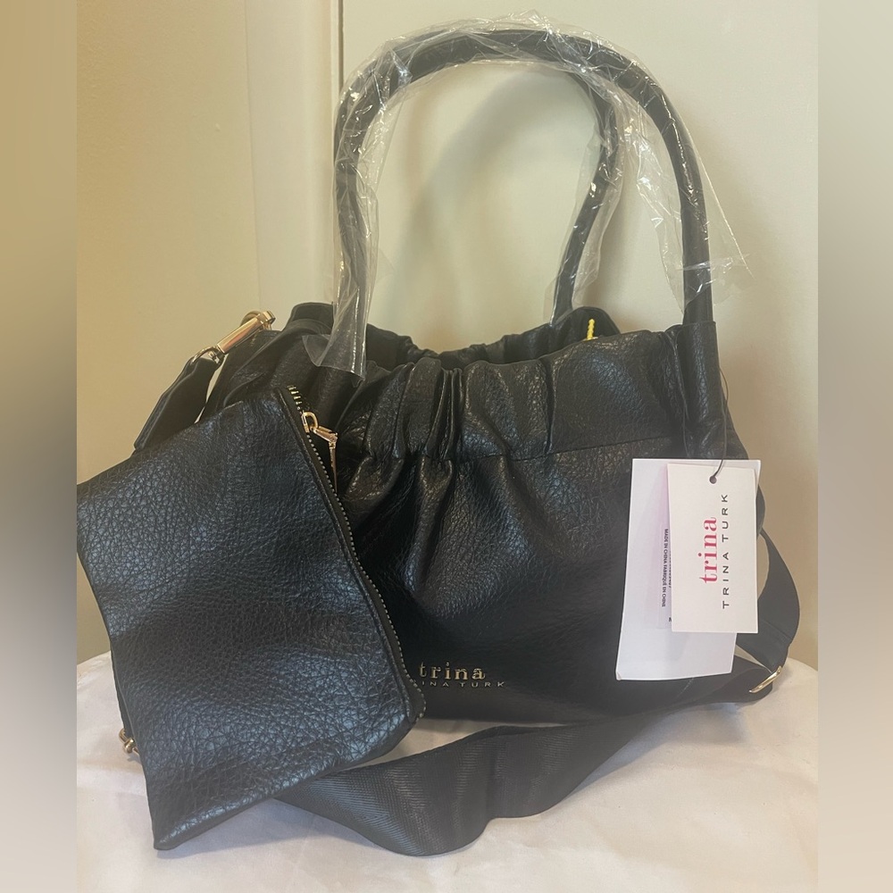 NWT Trina Black Pebbled Leather Shoulder Bag with Removable Pouch